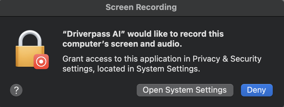 Screen recording permission popup