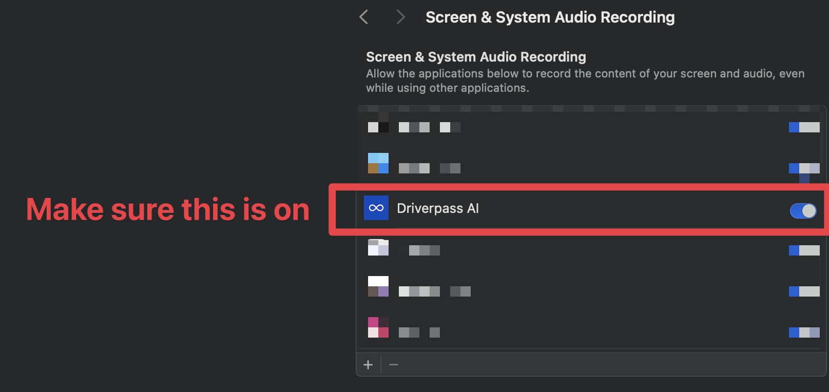 macOS System Settings screen recording permissions